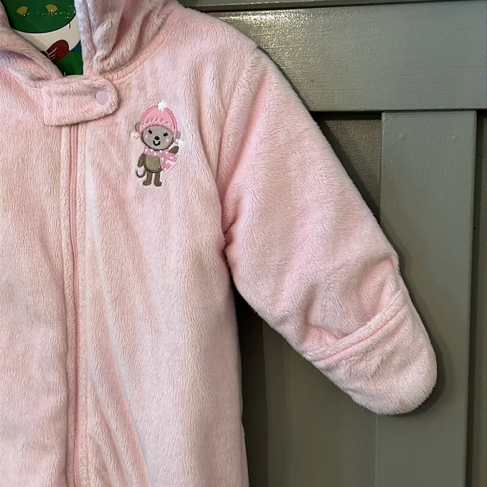 Carter's Just One You Monkey Snow Suit Baby Pink Velour Hood Mittens Sz 6 Months